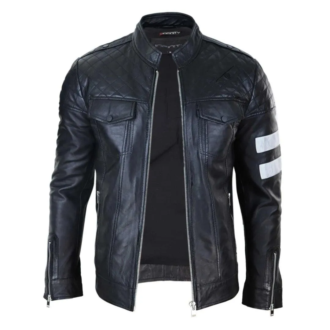 Mens Real Leather Racing Jacket Biker Zipped Casual Napa Stripes Black White