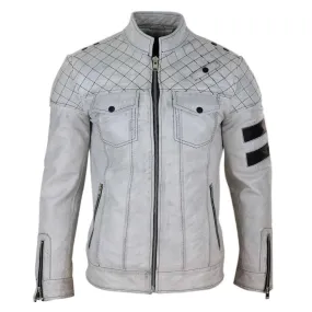 Mens Real Leather Racing Jacket Biker Zipped Casual Napa Stripes Black White