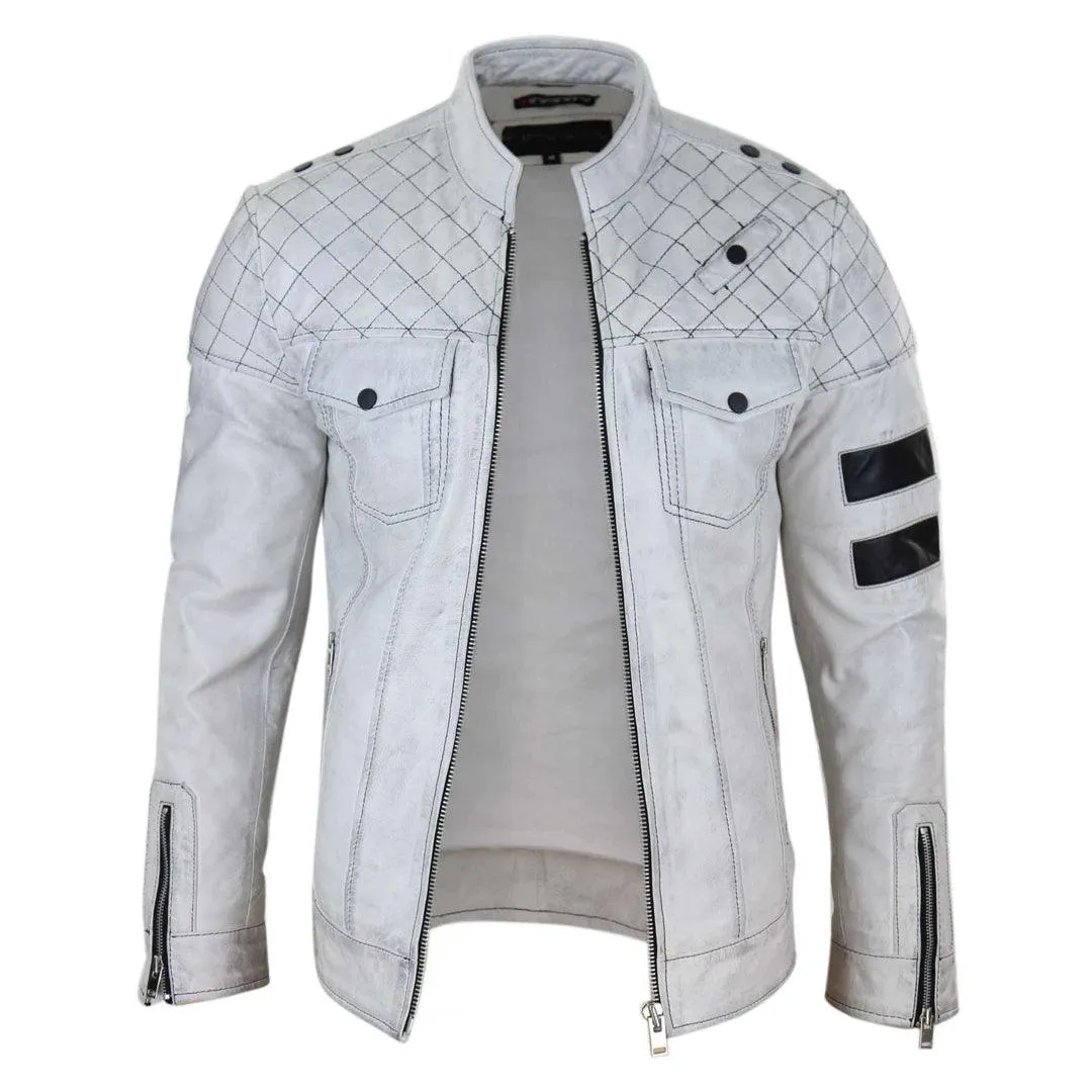 Mens Real Leather Racing Jacket Biker Zipped Casual Napa Stripes Black White