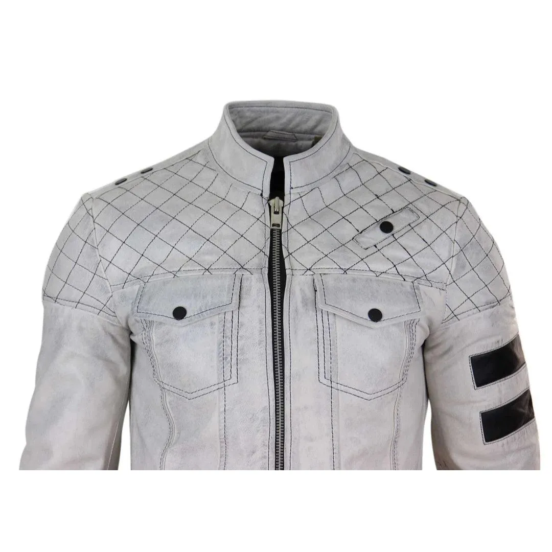 Mens Real Leather Racing Jacket Biker Zipped Casual Napa Stripes Black White