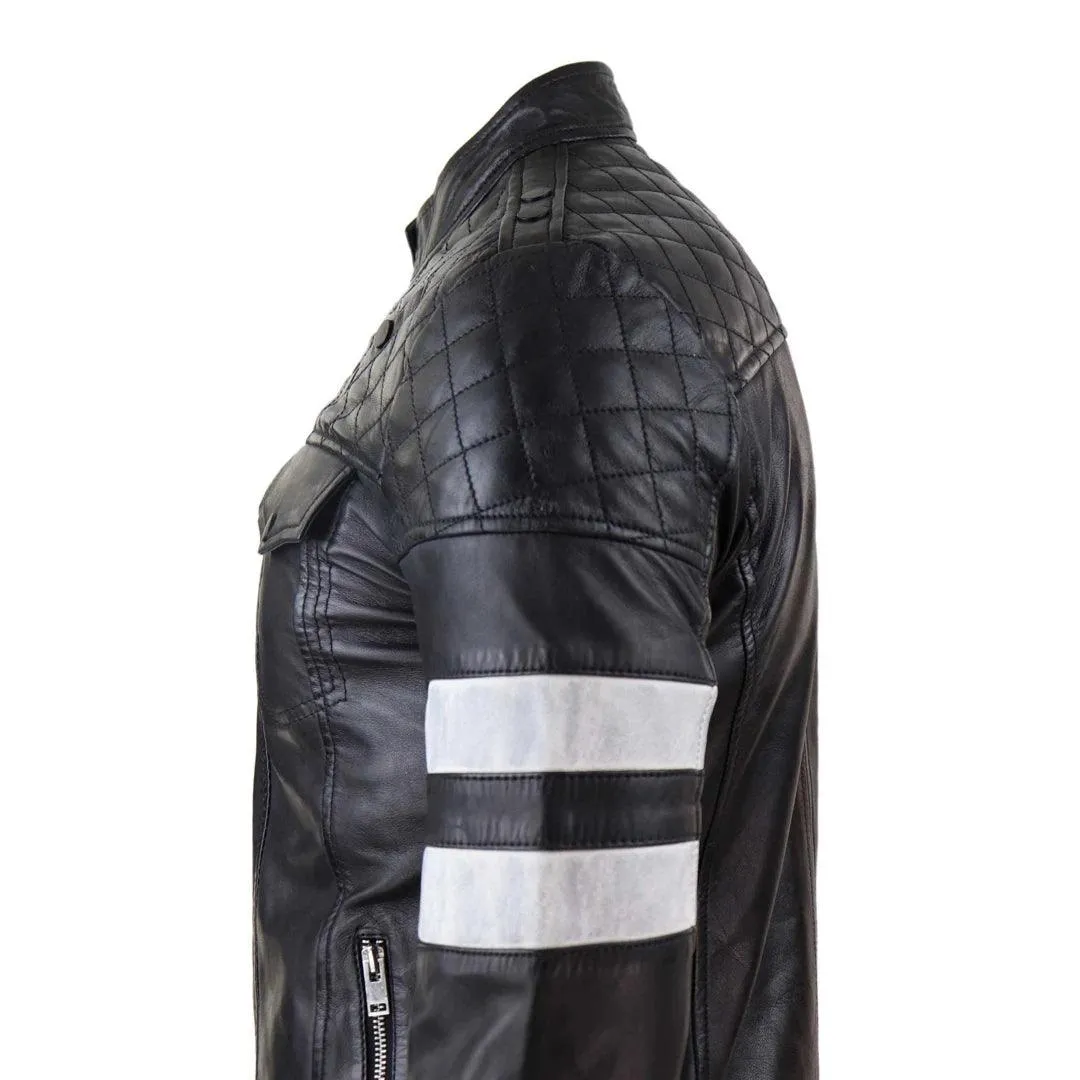 Mens Real Leather Racing Jacket Biker Zipped Casual Napa Stripes Black White