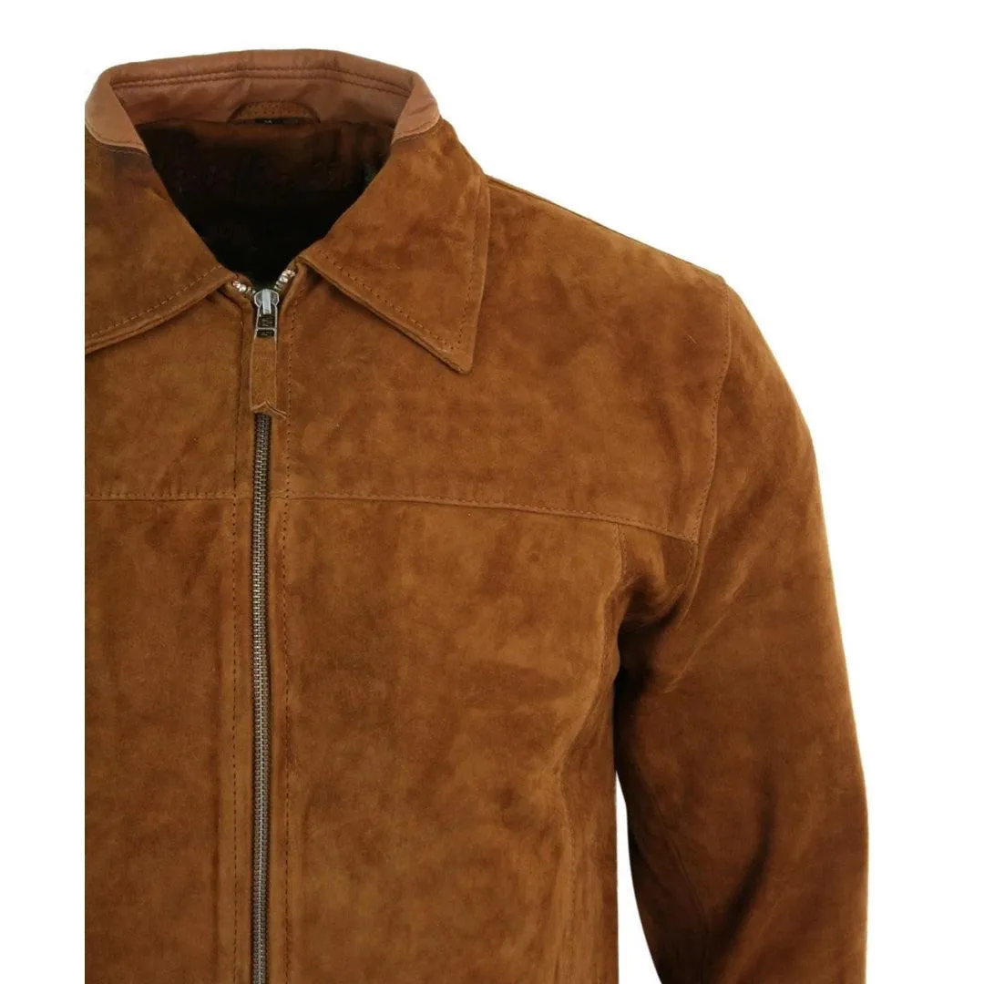 Mens Real Suede Leather Classic Zip Jacket Camel Turn Down Collar Vintage Retro