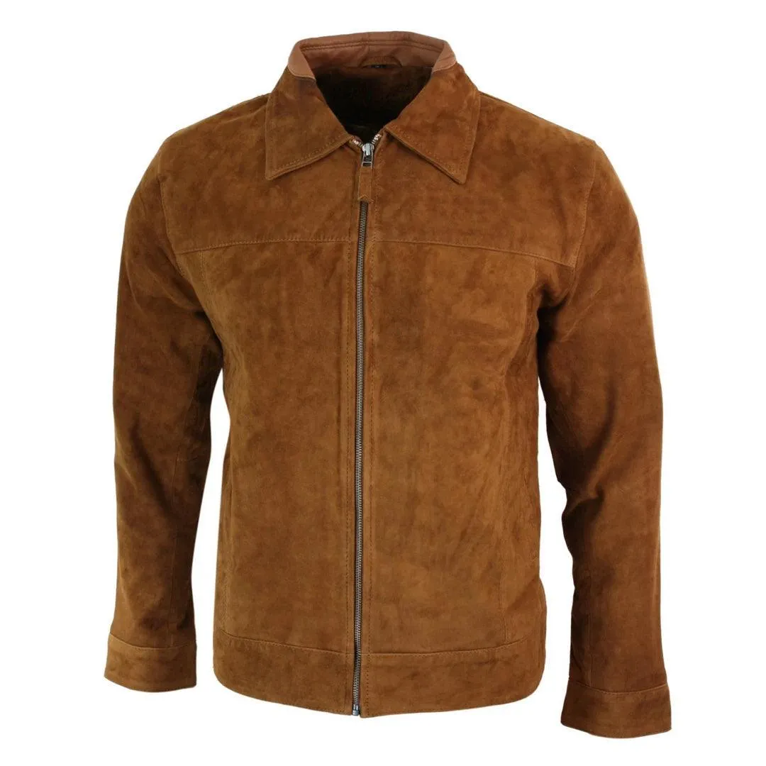 Mens Real Suede Leather Classic Zip Jacket Camel Turn Down Collar Vintage Retro