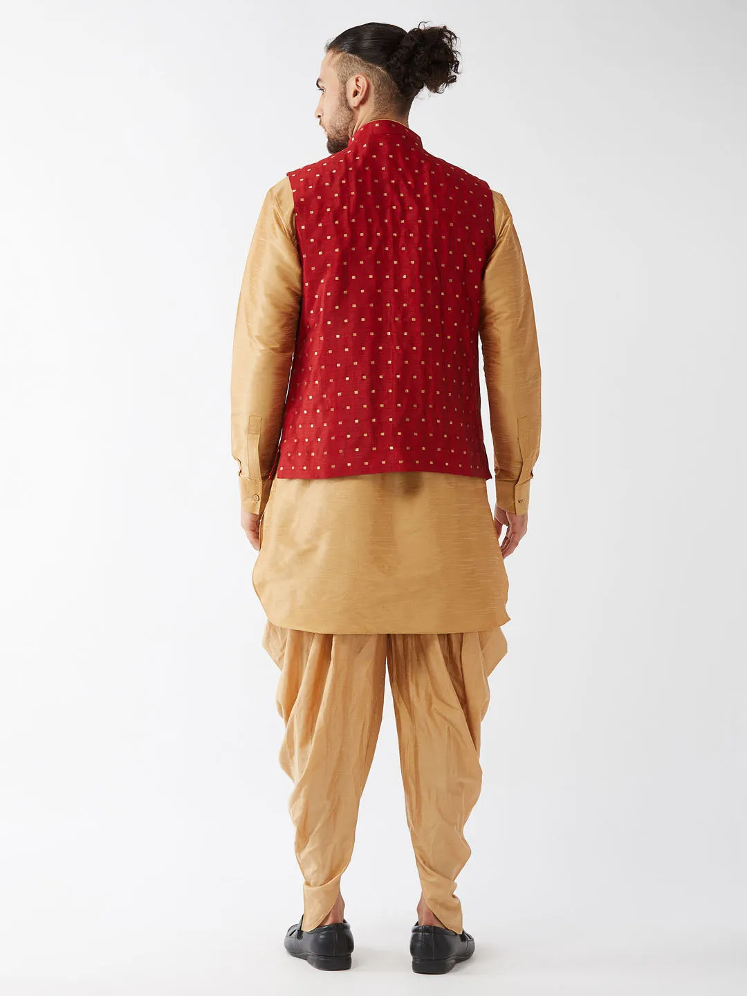Men's Rose Gold And Maroon Silk Blend Jacket, Kurta And Dhoti Set - Vastramay