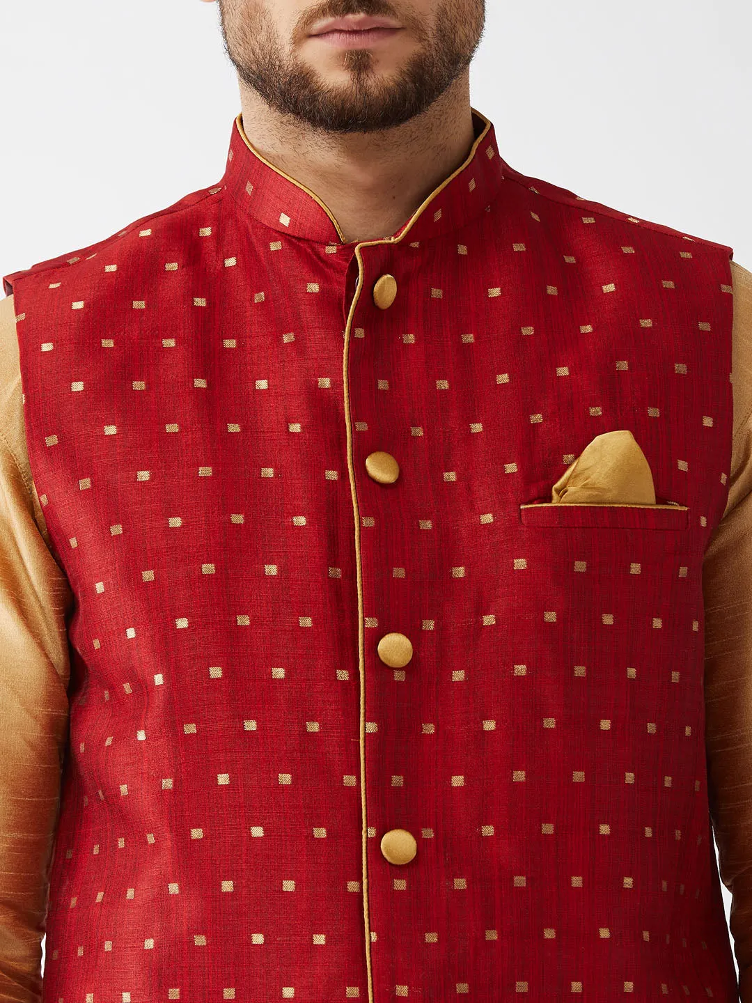 Men's Rose Gold And Maroon Silk Blend Jacket, Kurta And Dhoti Set - Vastramay