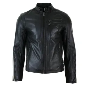 Mens Slim Fit Short Real Leather Biker Racing Jacket Stripes Sleeves Zipped