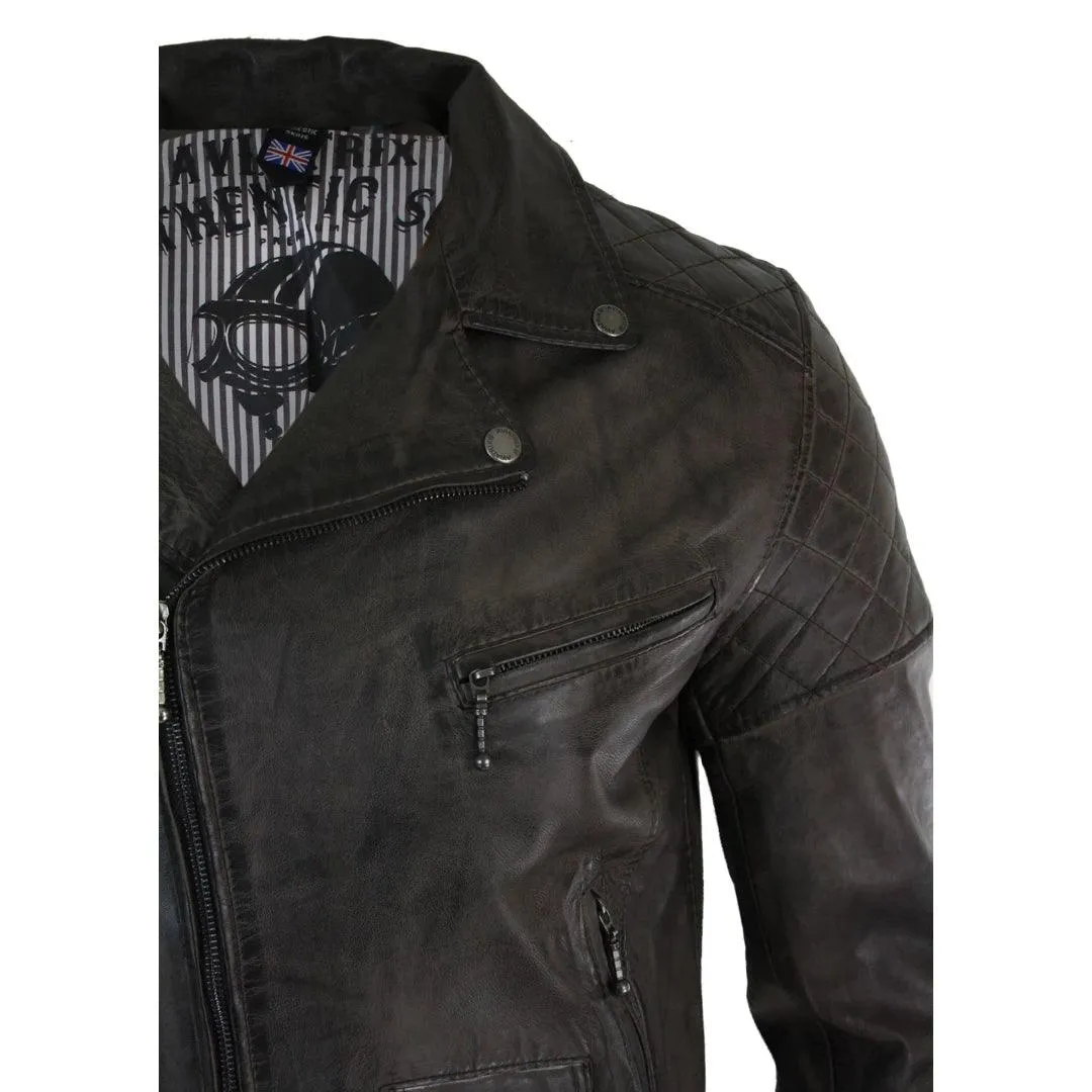 Mens Vintage Washed Tan Brown Real Leather Biker Jacket Cross Zip Retro Casual