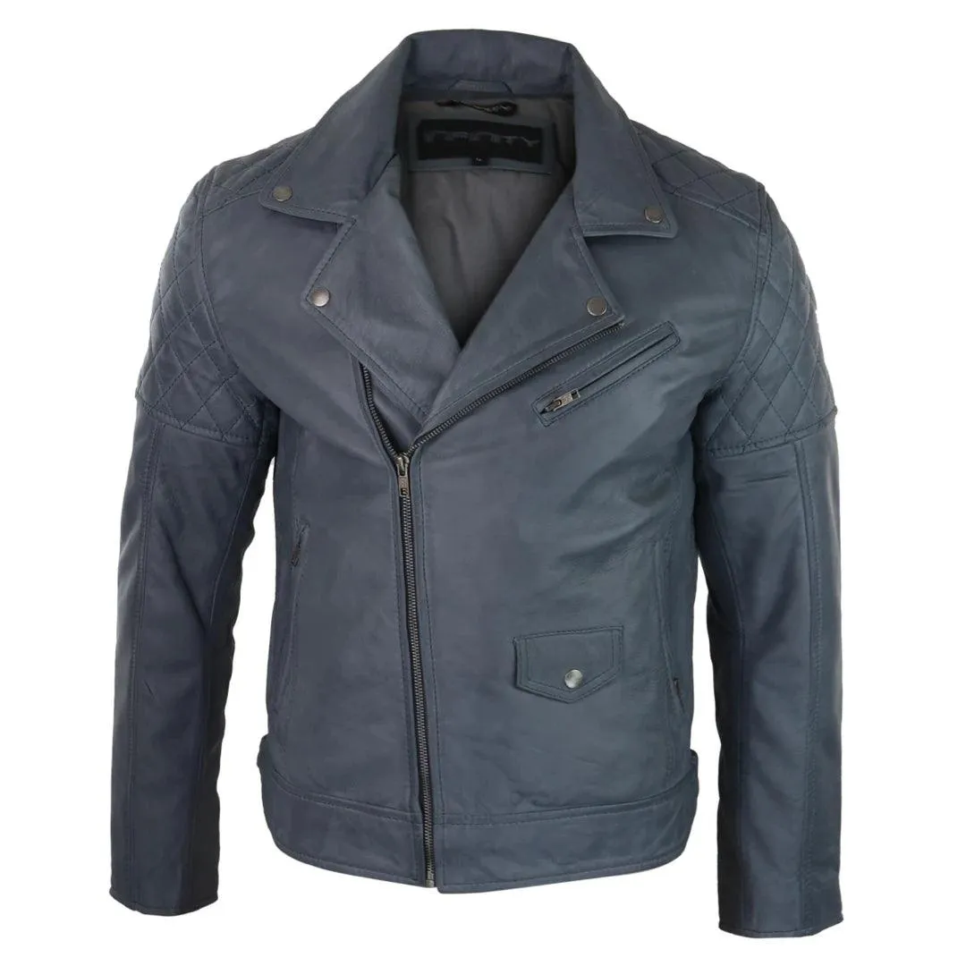Mens Vintage Washed Tan Brown Real Leather Biker Jacket Cross Zip Retro Casual
