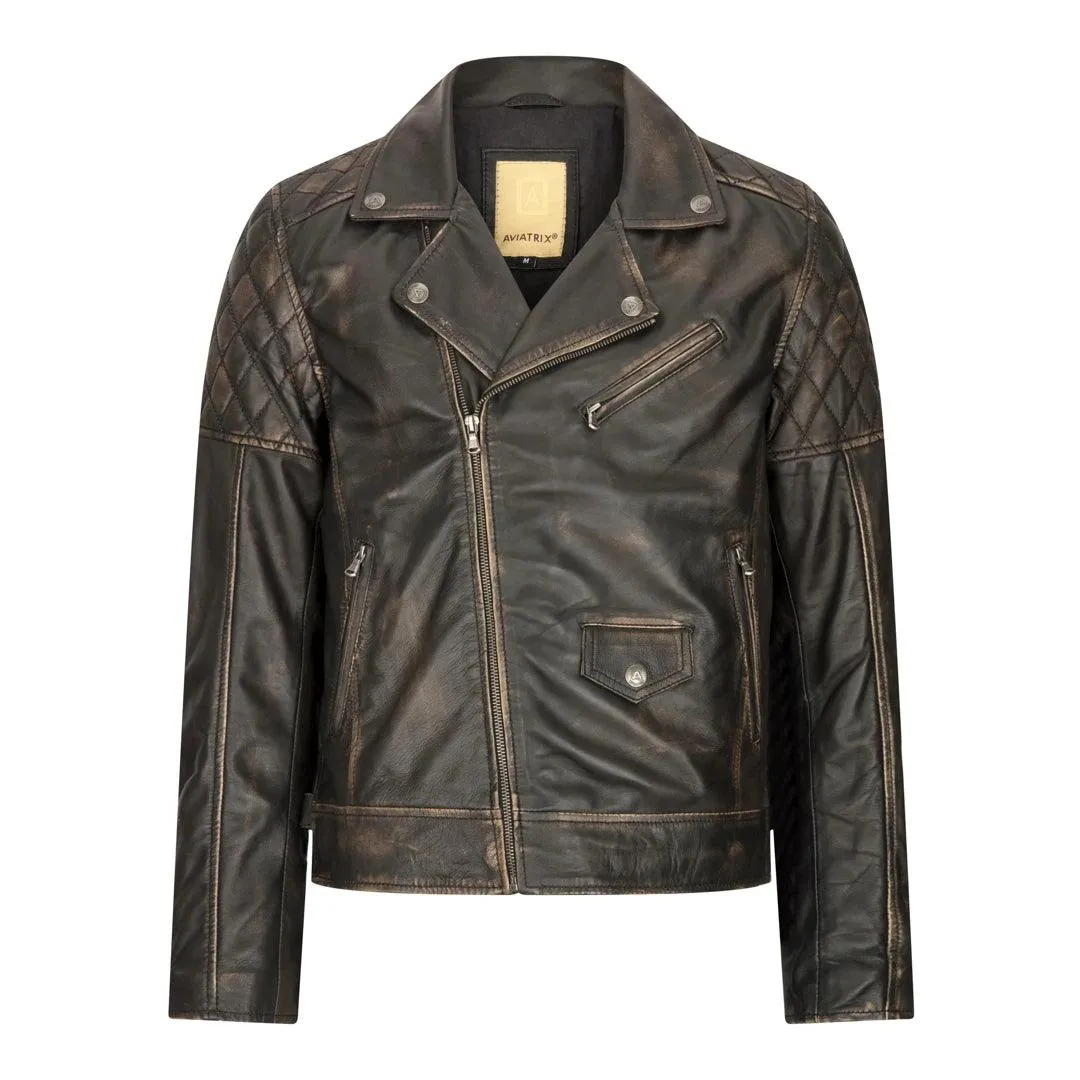 Mens Vintage Washed Tan Brown Real Leather Biker Jacket Cross Zip Retro Casual