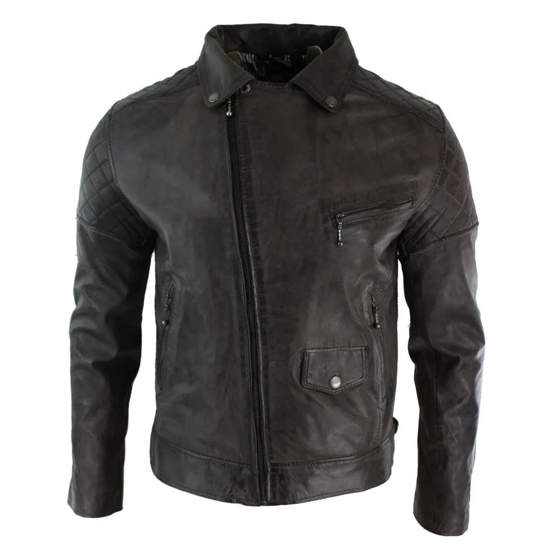 Mens Vintage Washed Tan Brown Real Leather Biker Jacket Cross Zip Retro Casual