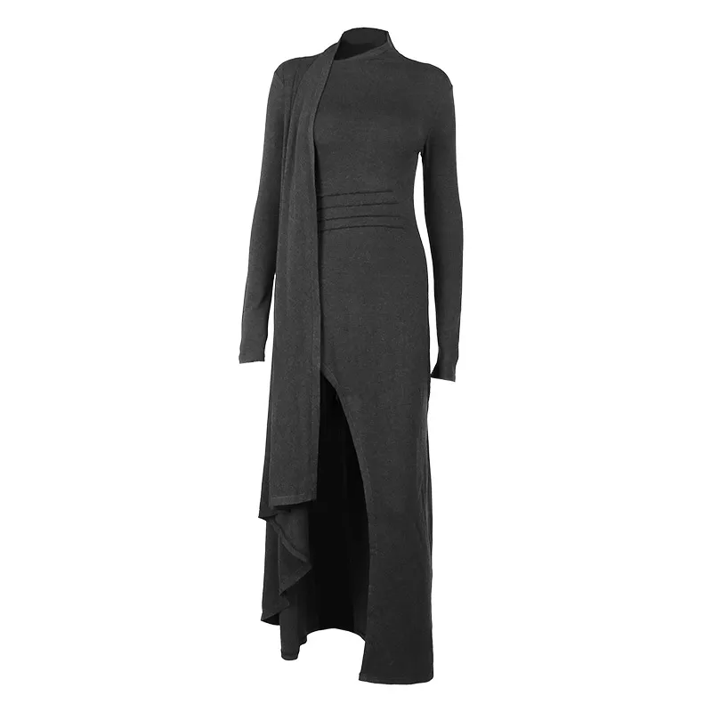 Mock Neck Wrap Ruched Long Sleeve Slit Maxi Dress