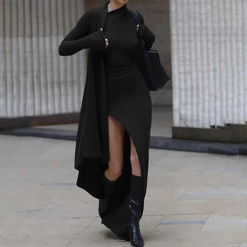 Mock Neck Wrap Ruched Long Sleeve Slit Maxi Dress