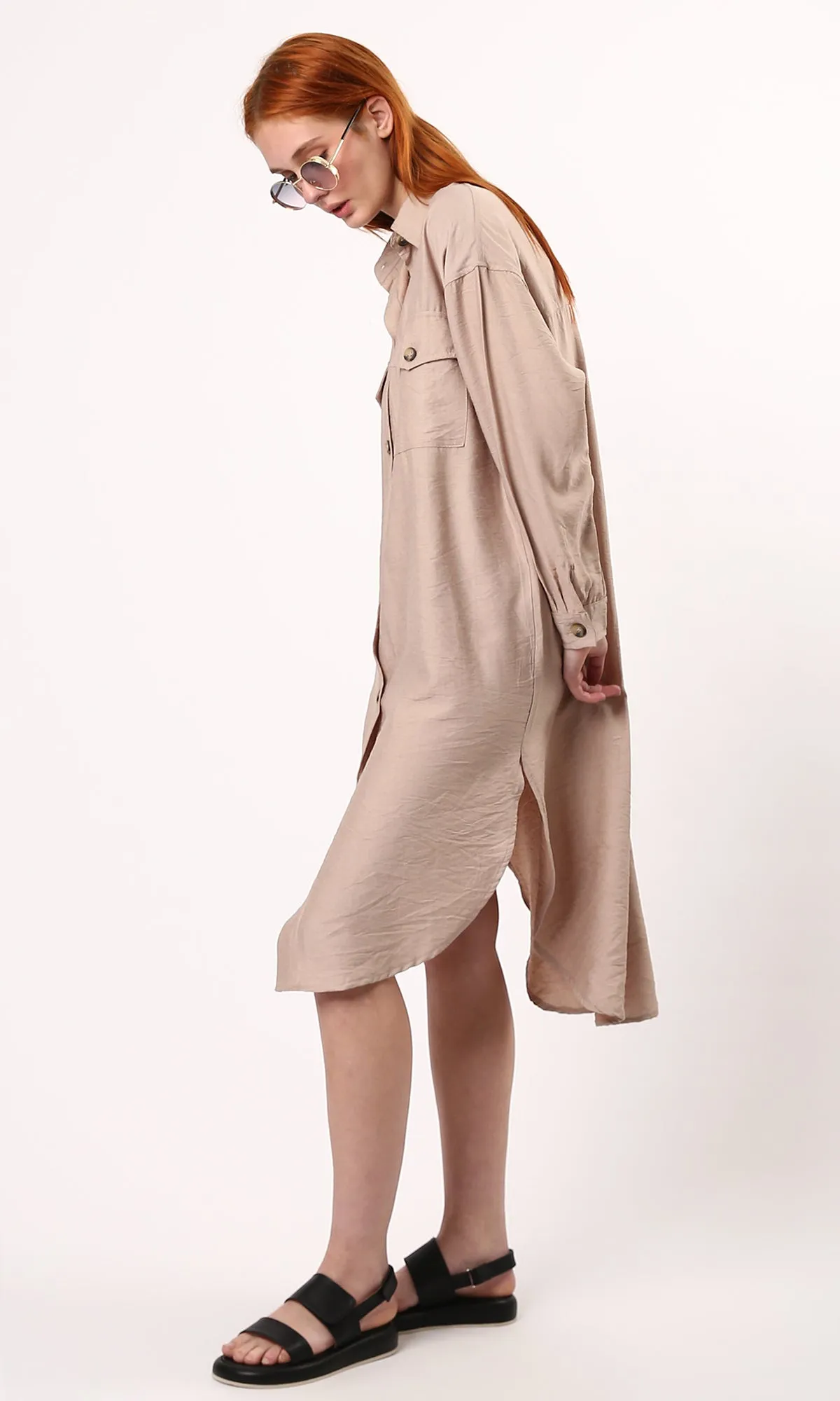 O179832 Coffee Textured Shirt Dress With Full Buttons