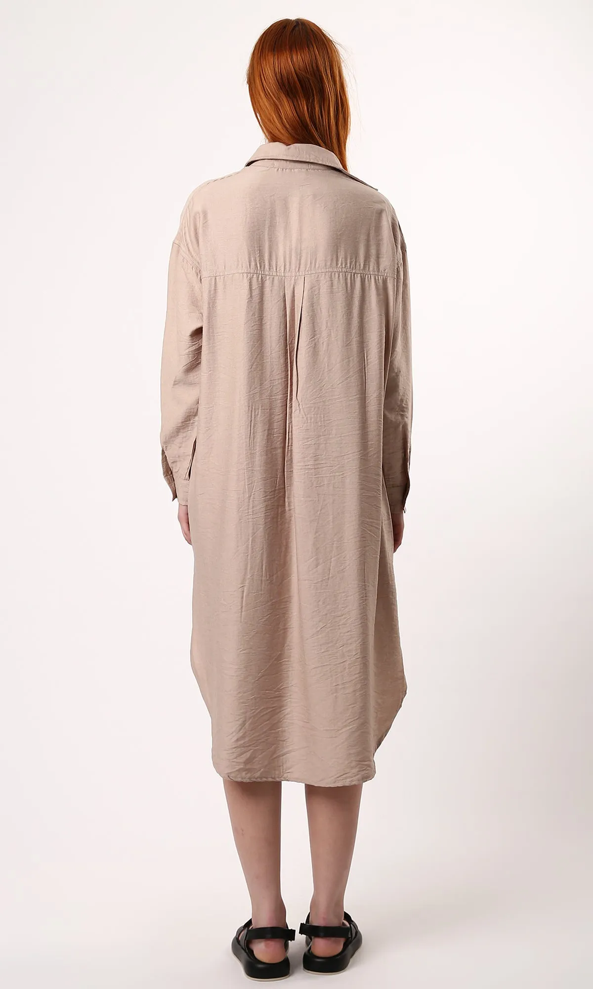 O179832 Coffee Textured Shirt Dress With Full Buttons