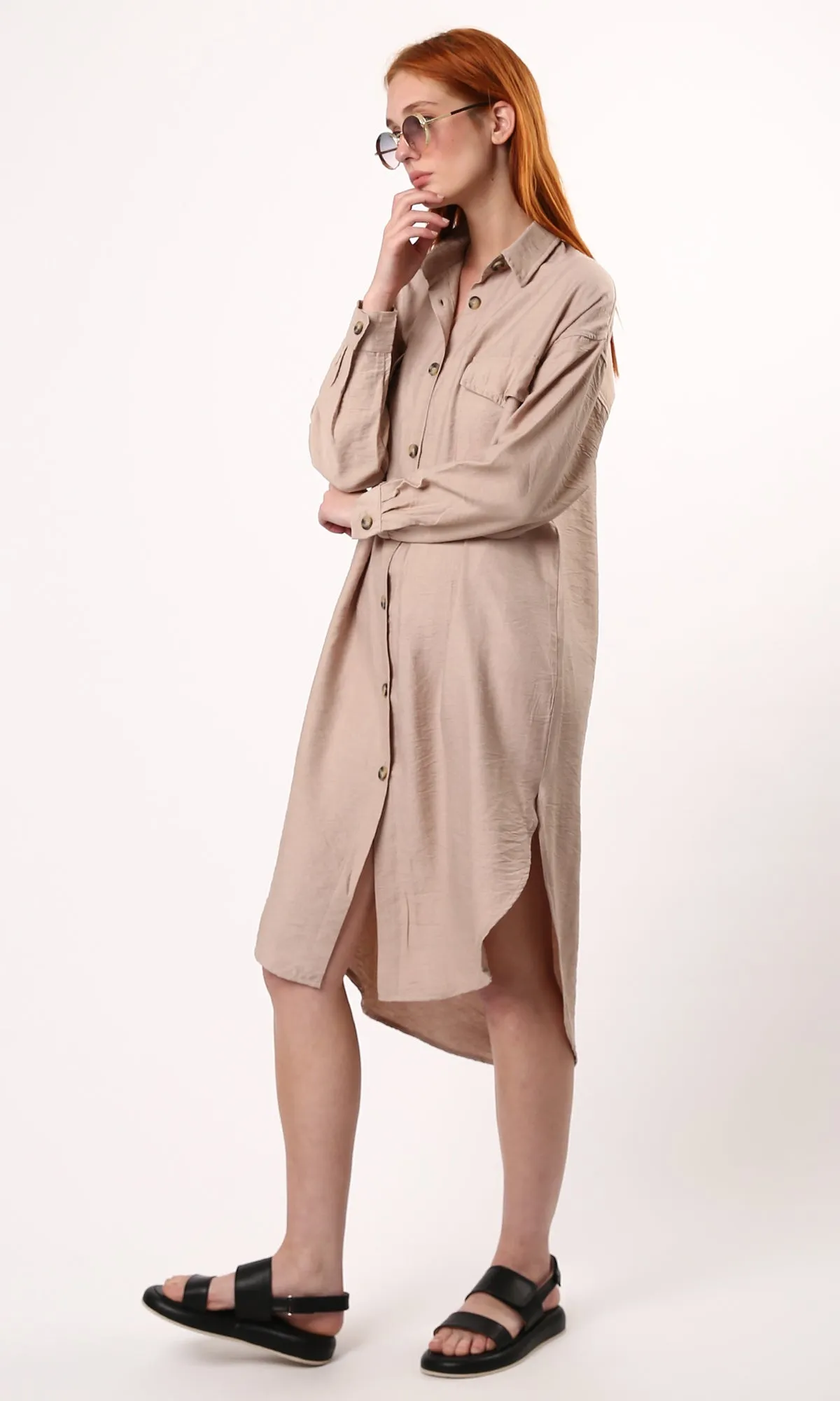 O179832 Coffee Textured Shirt Dress With Full Buttons