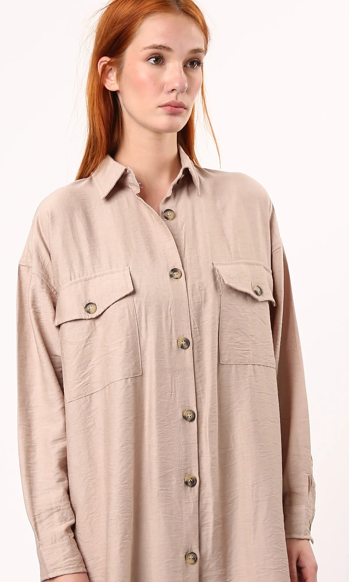 O179832 Coffee Textured Shirt Dress With Full Buttons