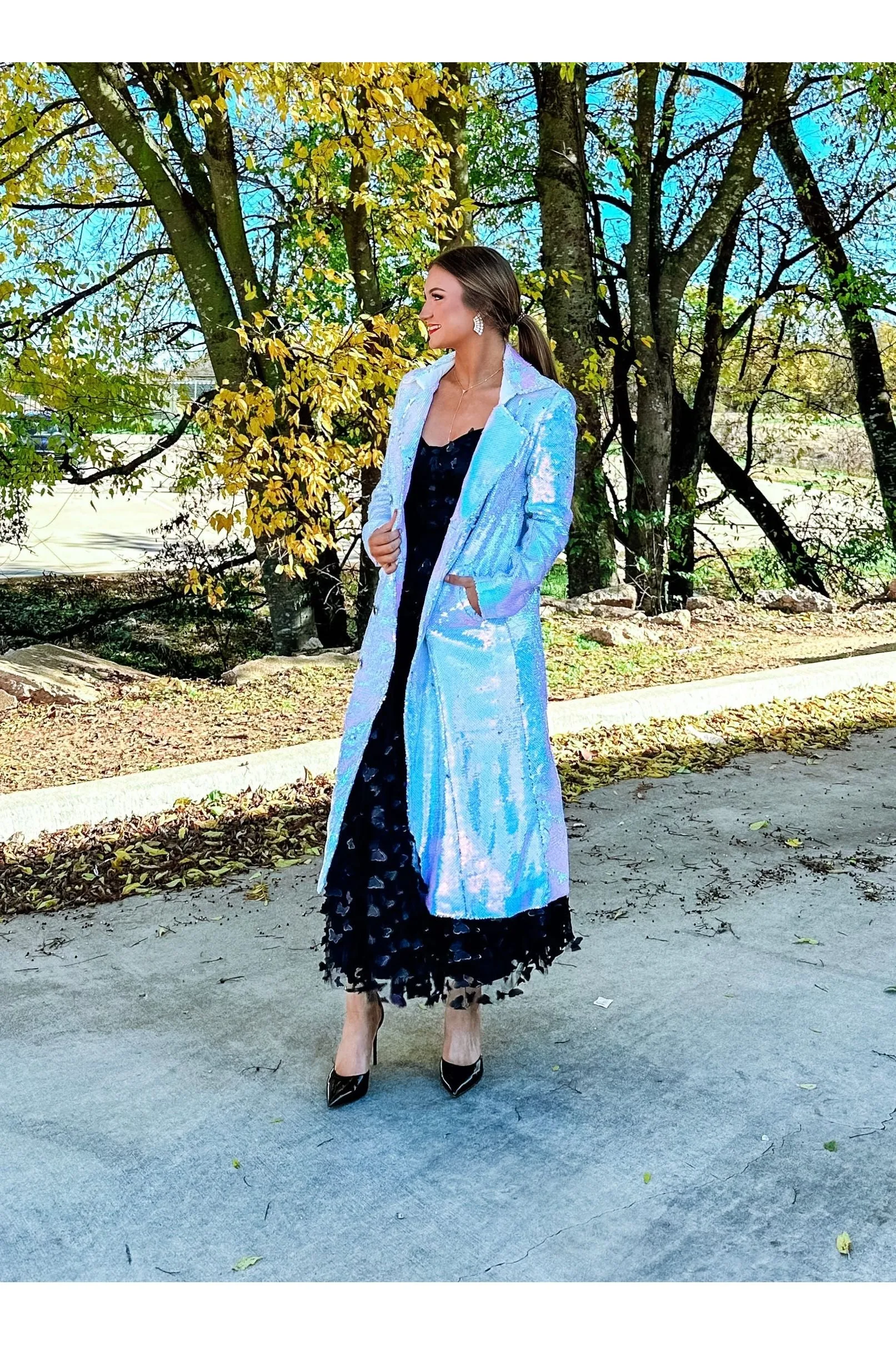 Oh You Fancy White Opal Sequins Trench Coat