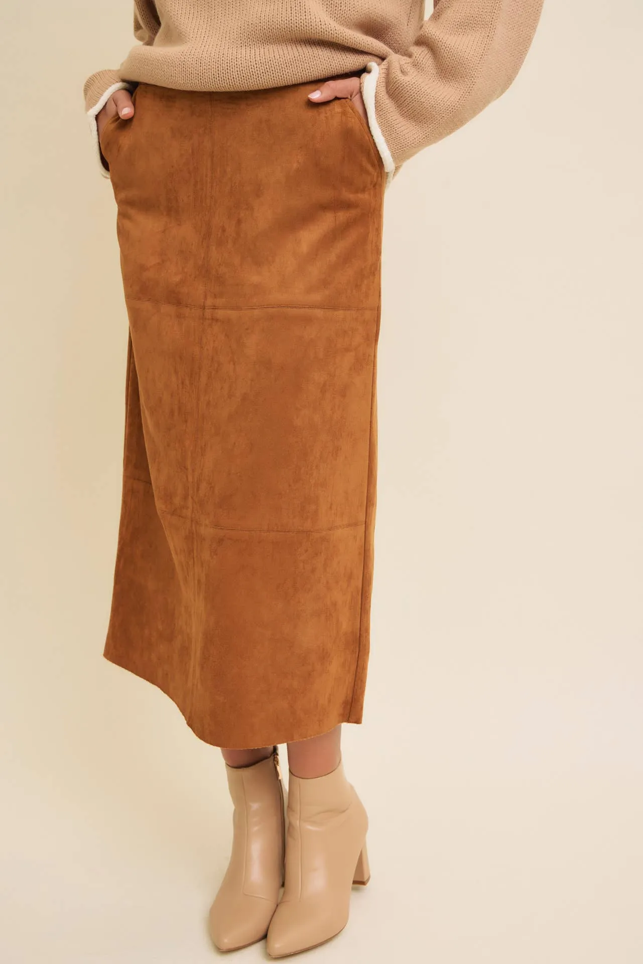 On the Streets Suede Camel Midi Skirt