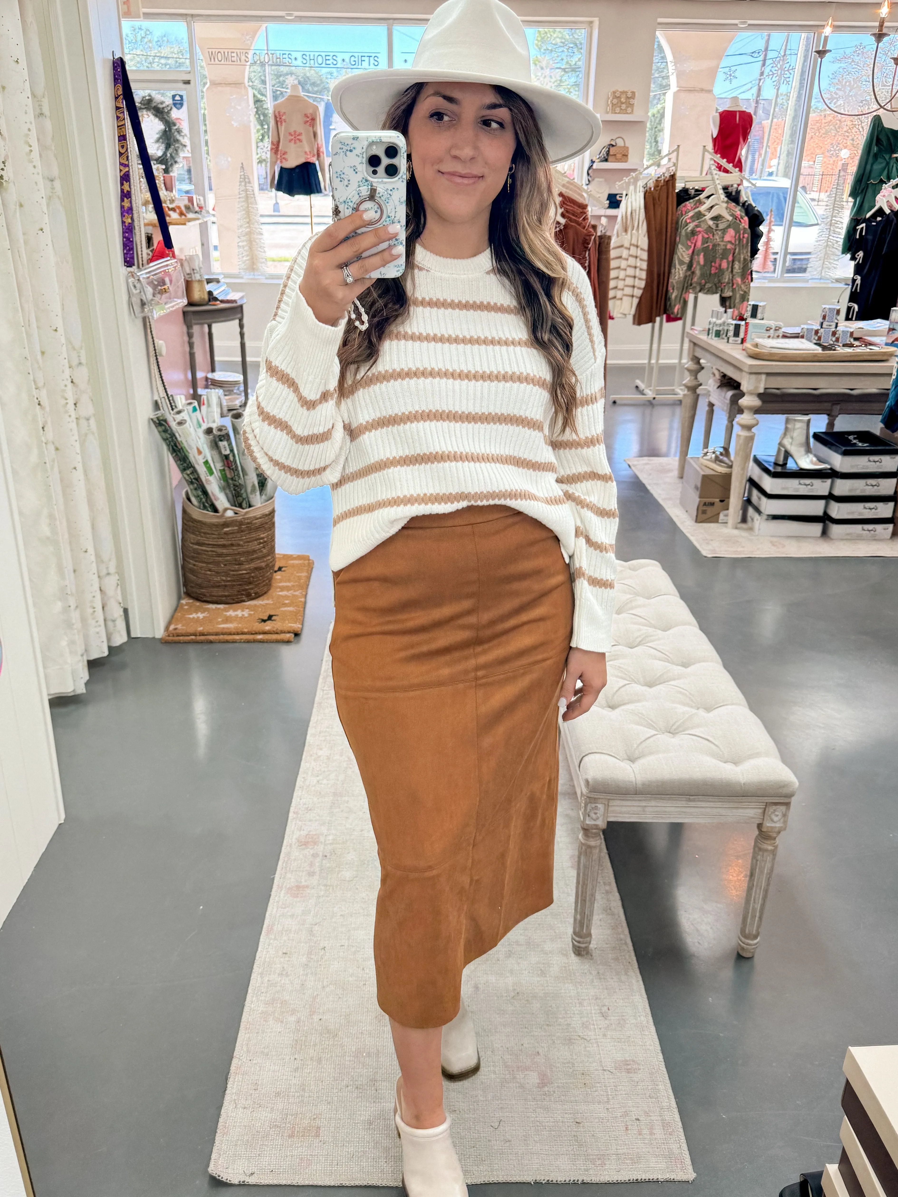 On the Streets Suede Camel Midi Skirt
