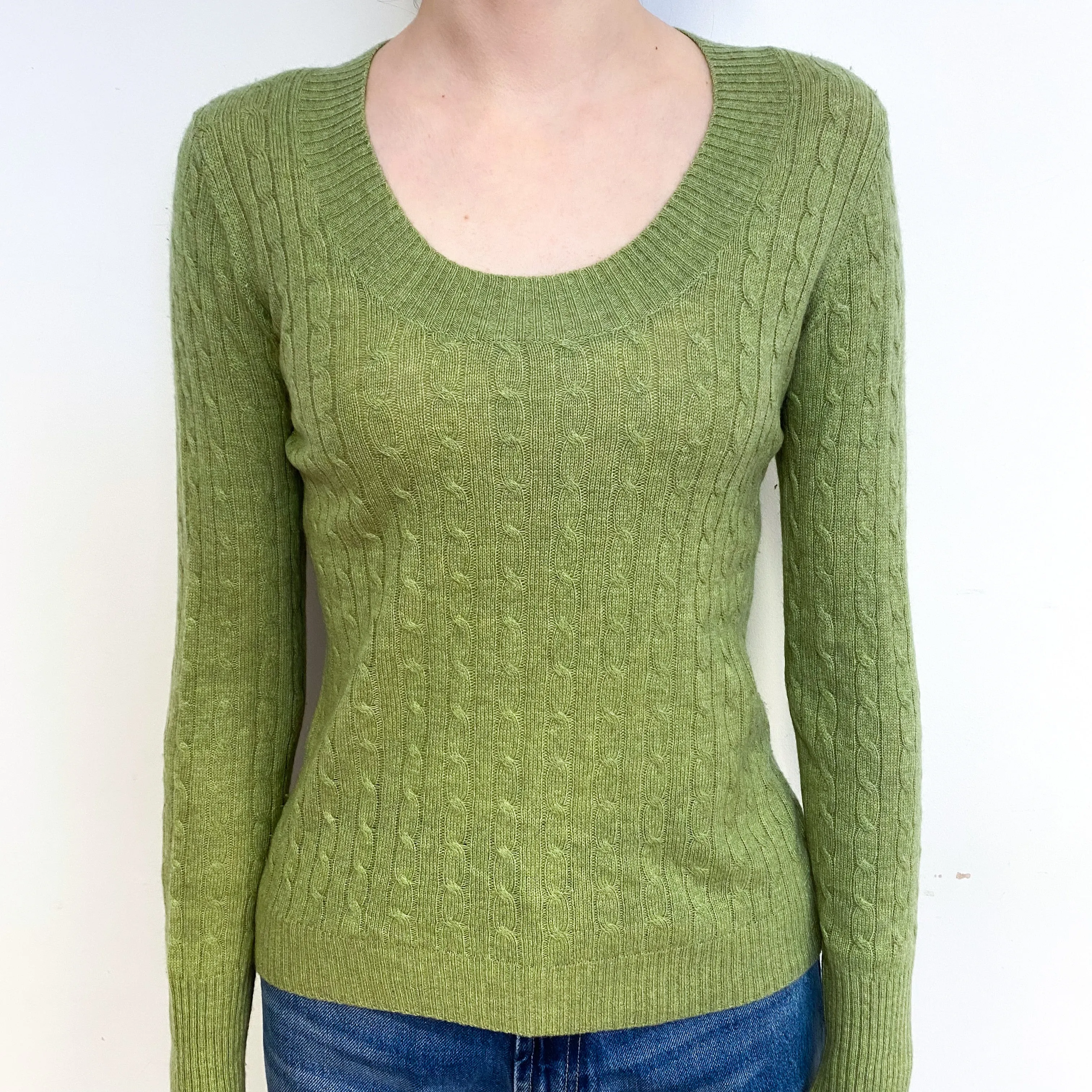 Pear Green Cable Cashmere Scoop Neck Jumper Extra Small