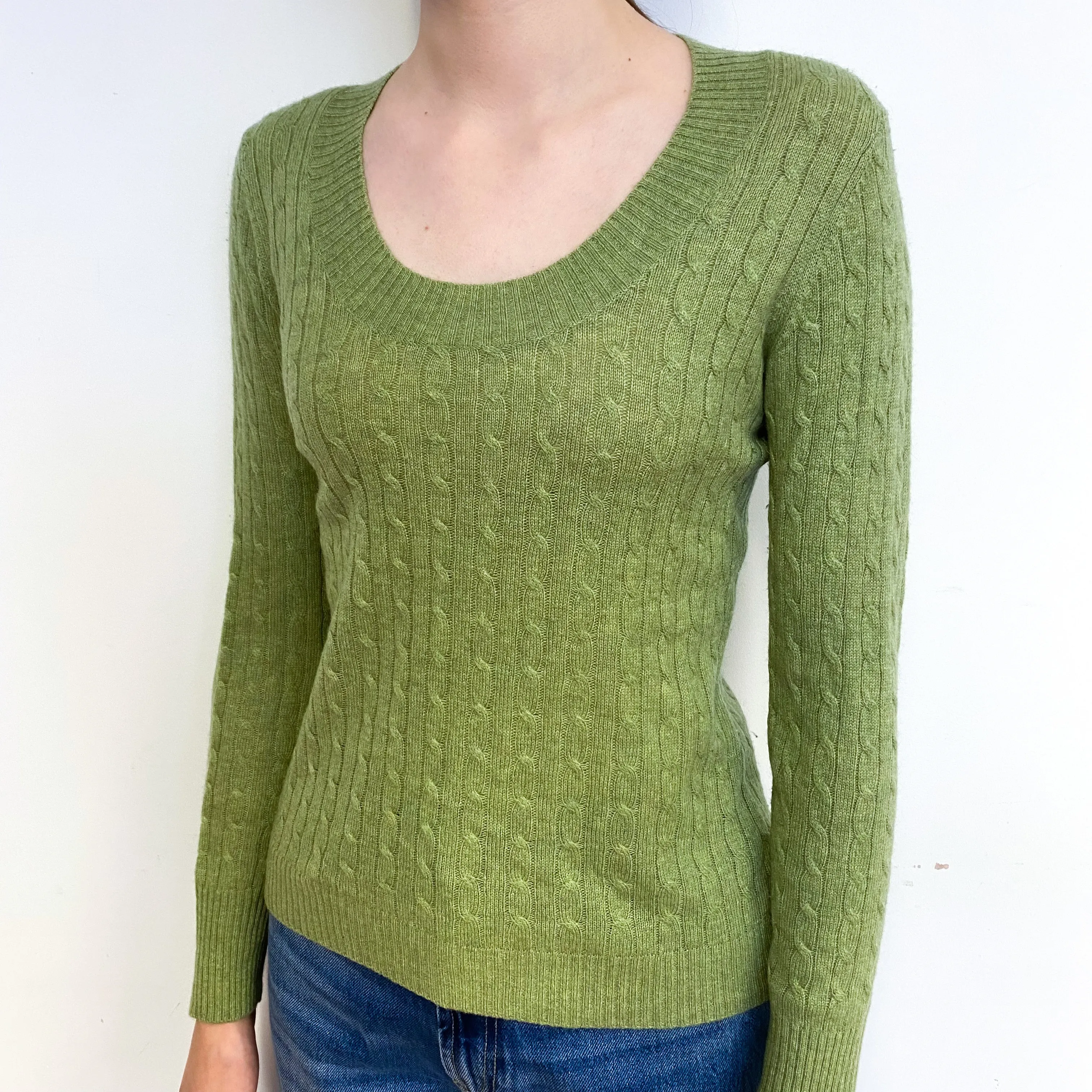 Pear Green Cable Cashmere Scoop Neck Jumper Extra Small