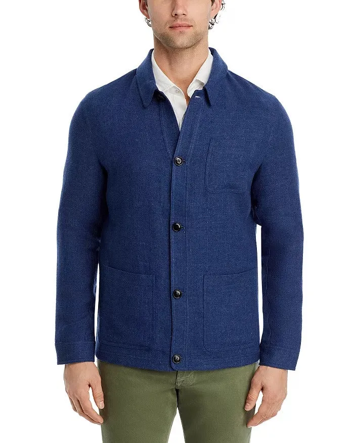 Peter Millar Mens Regular fit Button Down Chore Coat Large Blue Herringbone