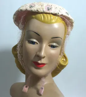 Pink Lace Rhinestone Trimmed Hat w/ Veil circa 1950s