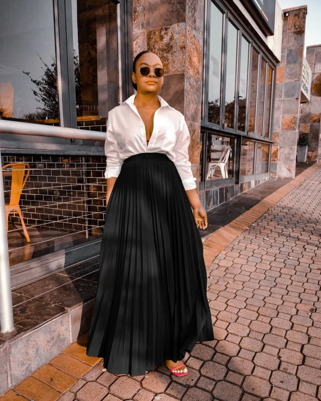Pleated Solid High Waist Loose Maxi Skirt