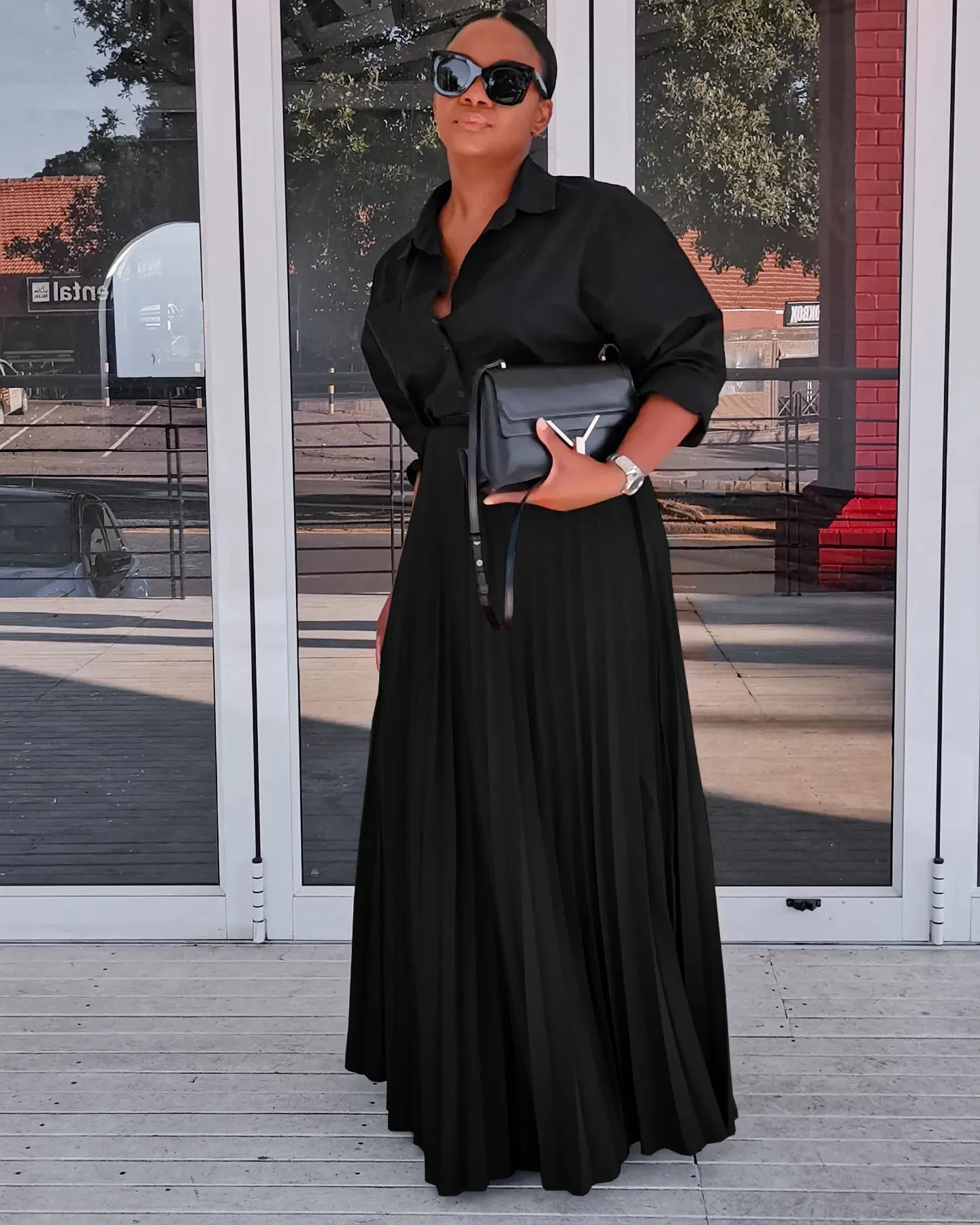 Pleated Solid High Waist Loose Maxi Skirt
