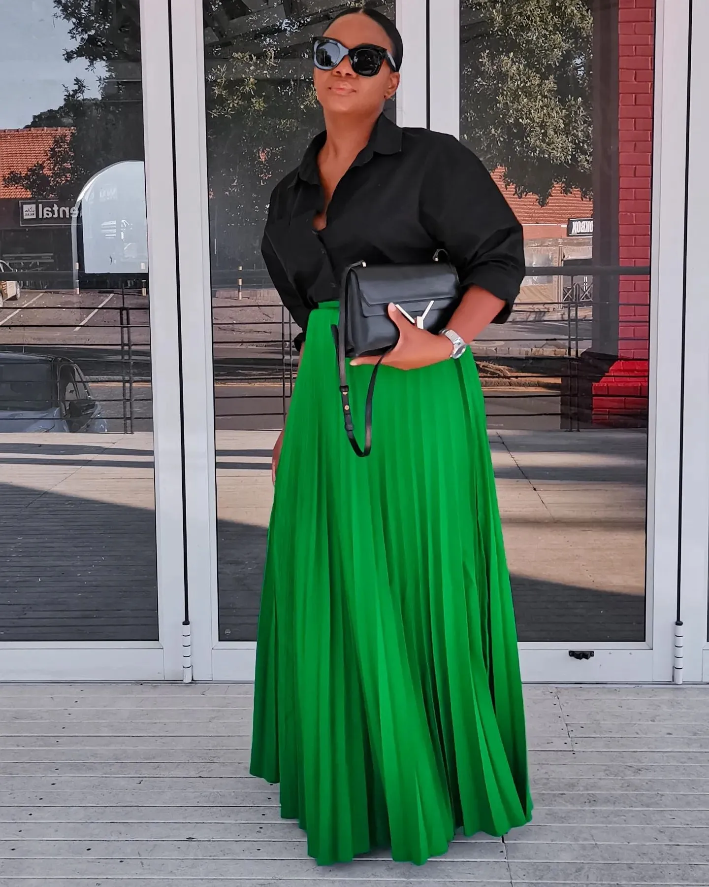 Pleated Solid High Waist Loose Maxi Skirt