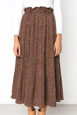 Polka Dot Elastic High Waist Pleated Midi Skirts
