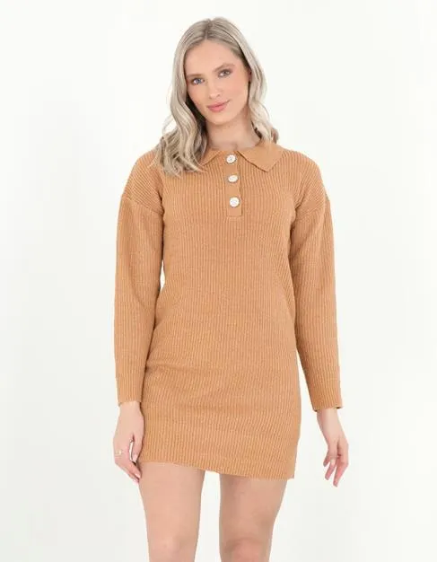 POLO NECK OVERSIZED RIB KNIT MINI DRESS