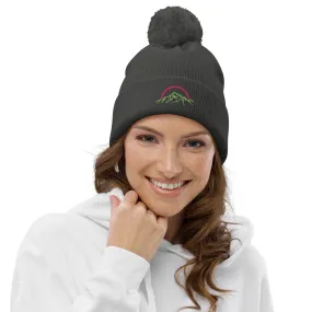 Pom pom Beanie Pink & Green Mountains & Rainbow Logo