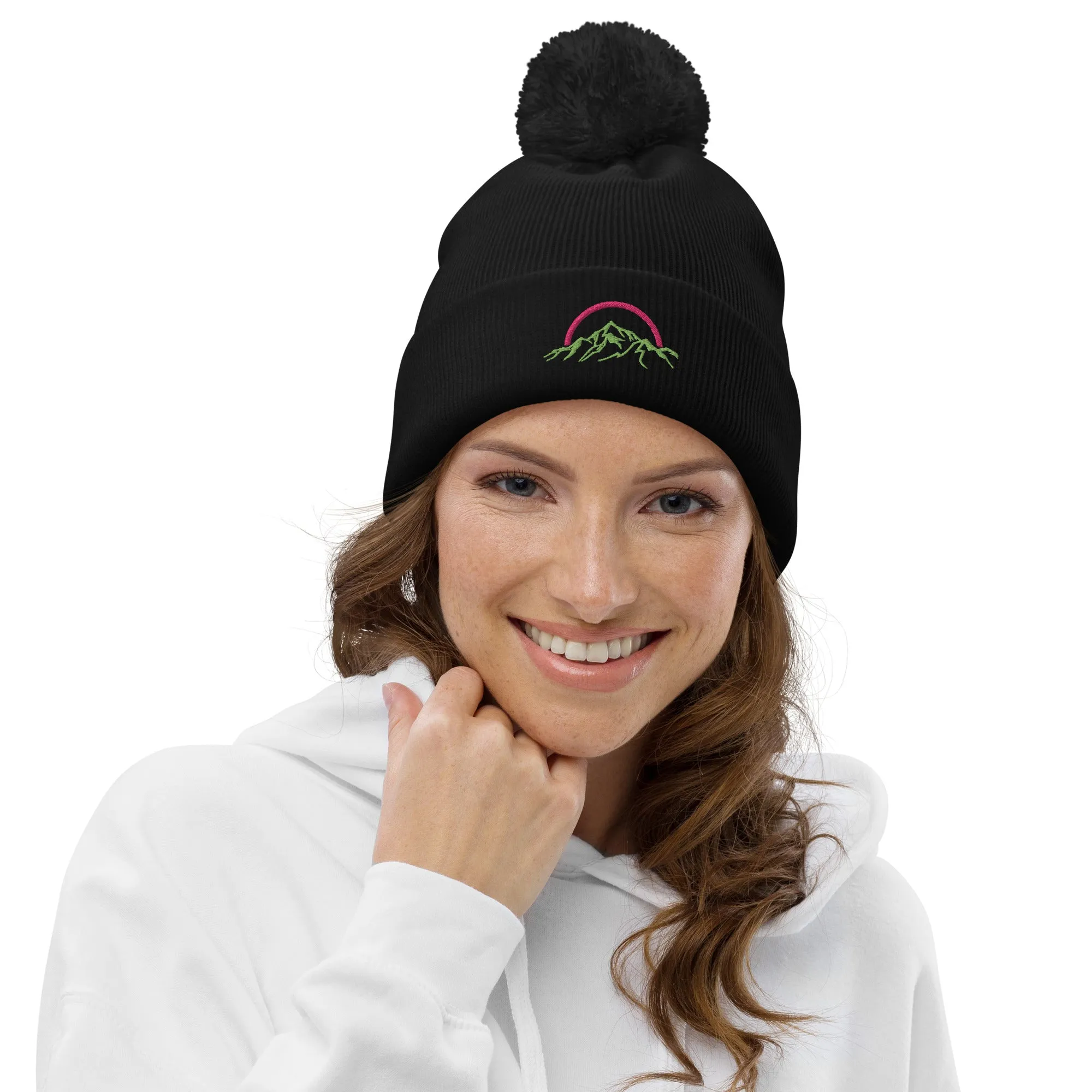 Pom pom Beanie Pink & Green Mountains & Rainbow Logo