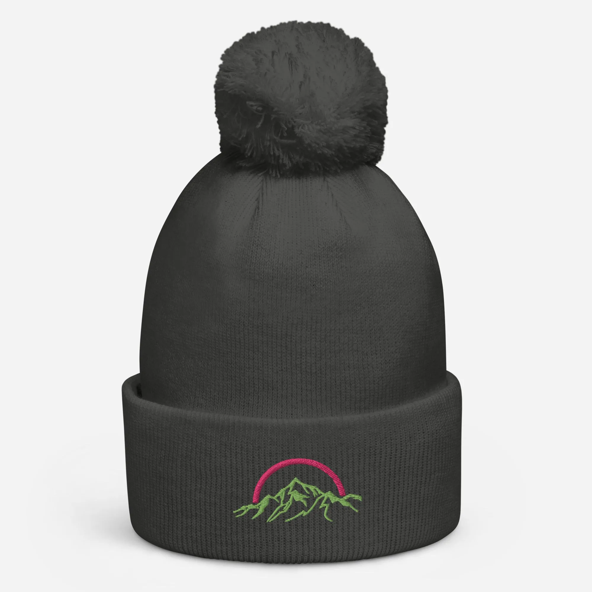 Pom pom Beanie Pink & Green Mountains & Rainbow Logo