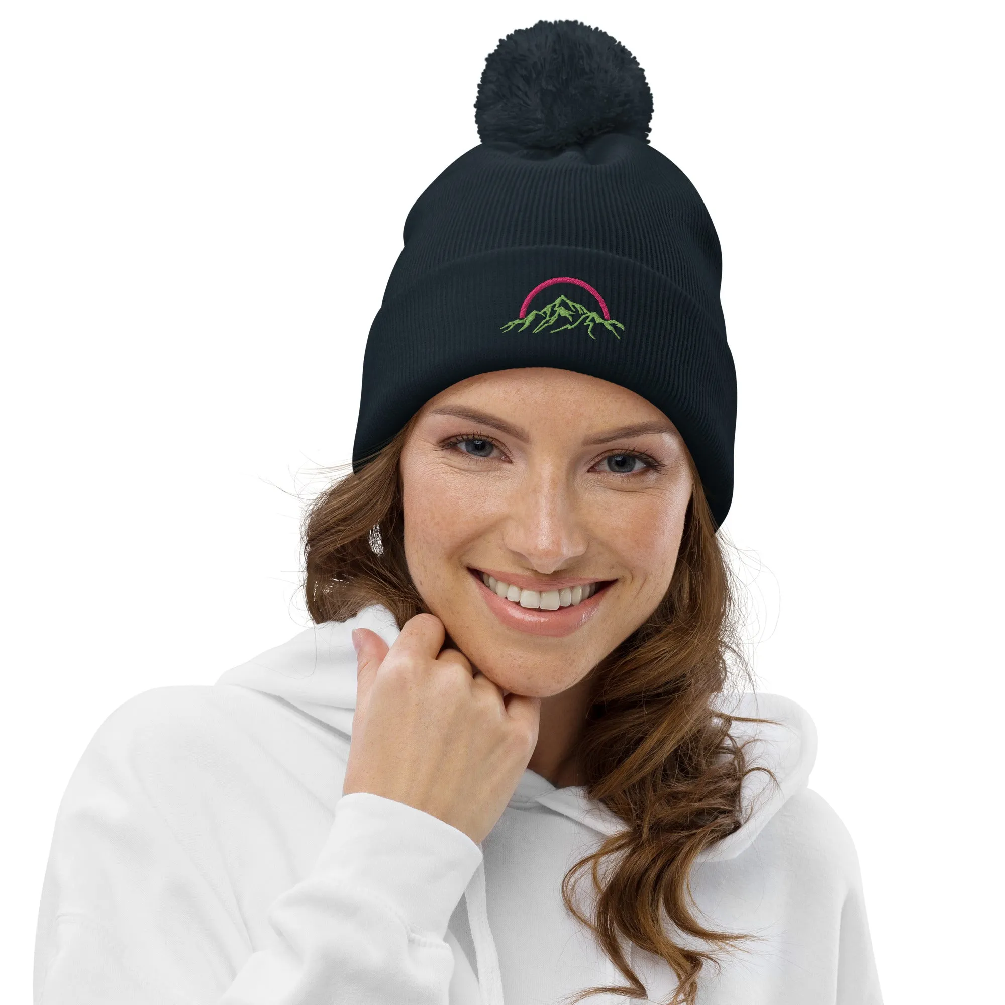 Pom pom Beanie Pink & Green Mountains & Rainbow Logo