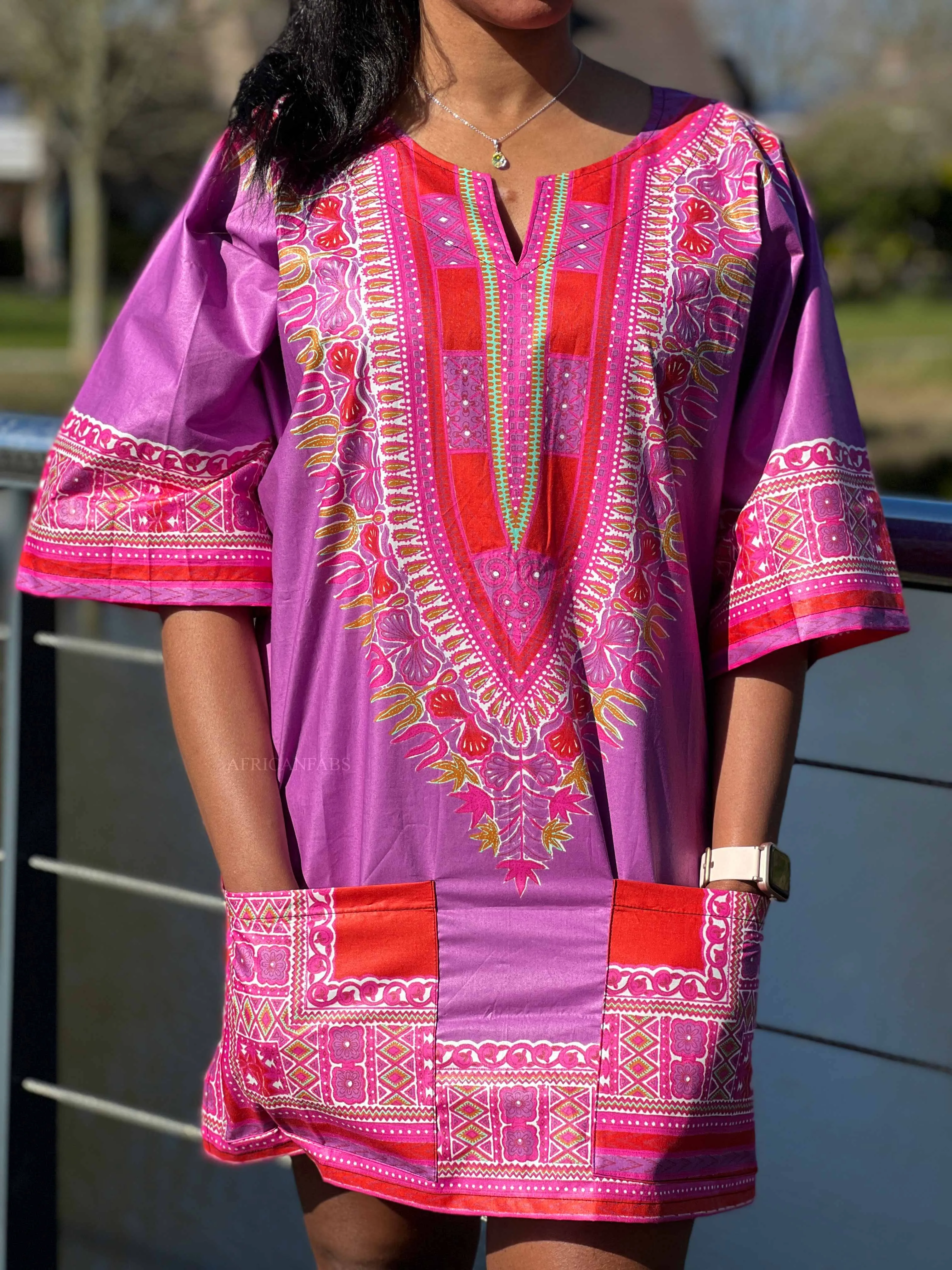 Purple / Red Dashiki Shirt / Dashiki Dress - African print top - Unisex - Vlisco