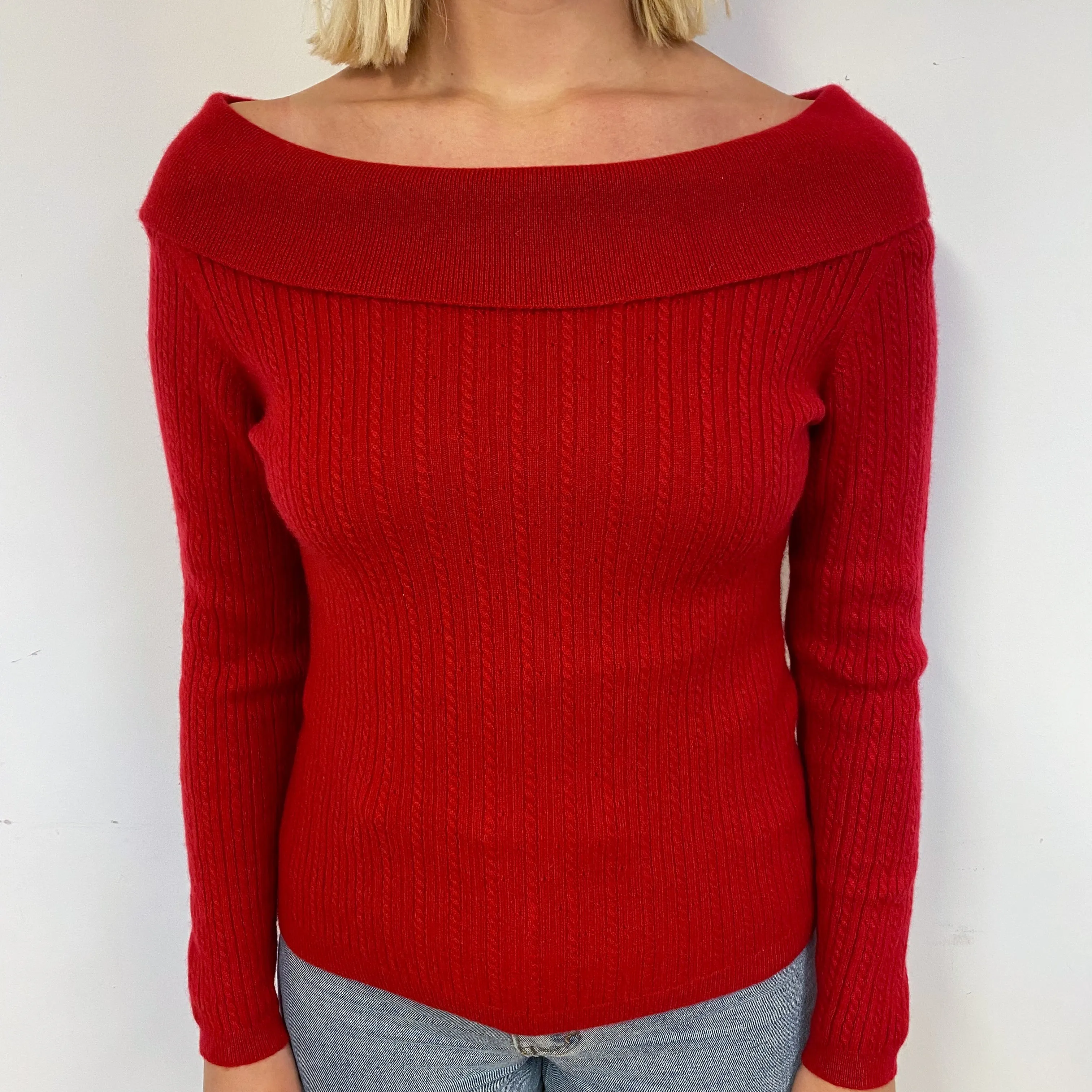 Red Cable Cashmere Off-Shoulder Jumper Small