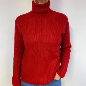 Red Ribbed Cashmere Polo Neck Jumper Medium