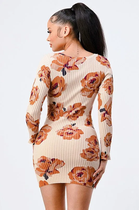 RIBBED KNIT FLORAL SQUARENECK BODYCON DRESS