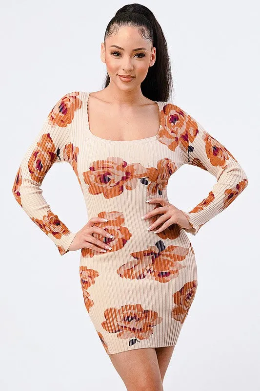 RIBBED KNIT FLORAL SQUARENECK BODYCON DRESS