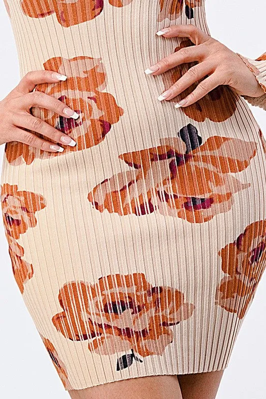 RIBBED KNIT FLORAL SQUARENECK BODYCON DRESS