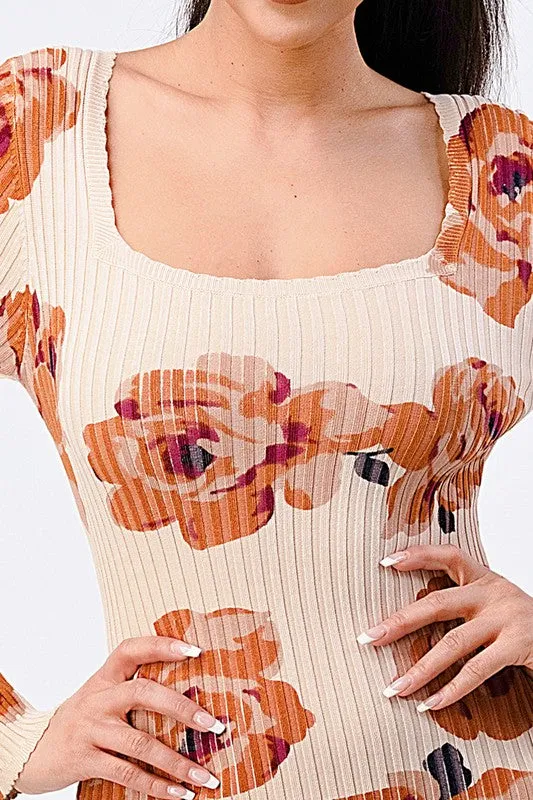 RIBBED KNIT FLORAL SQUARENECK BODYCON DRESS
