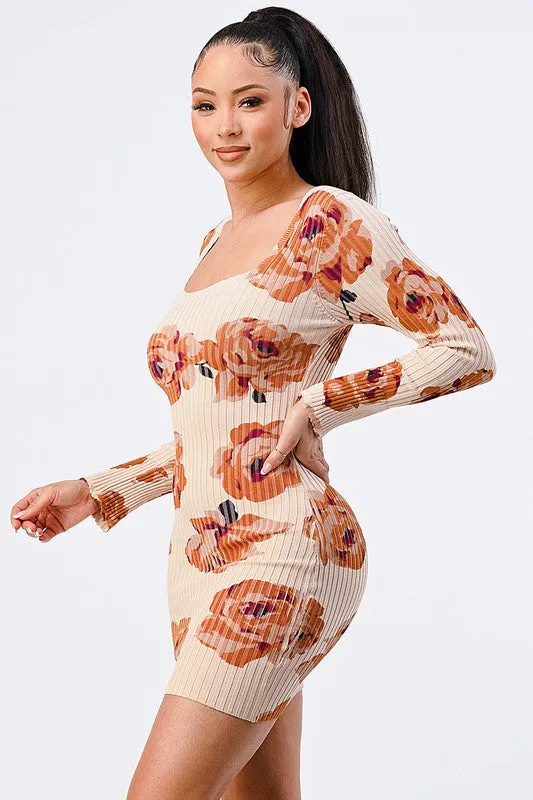 RIBBED KNIT FLORAL SQUARENECK BODYCON DRESS