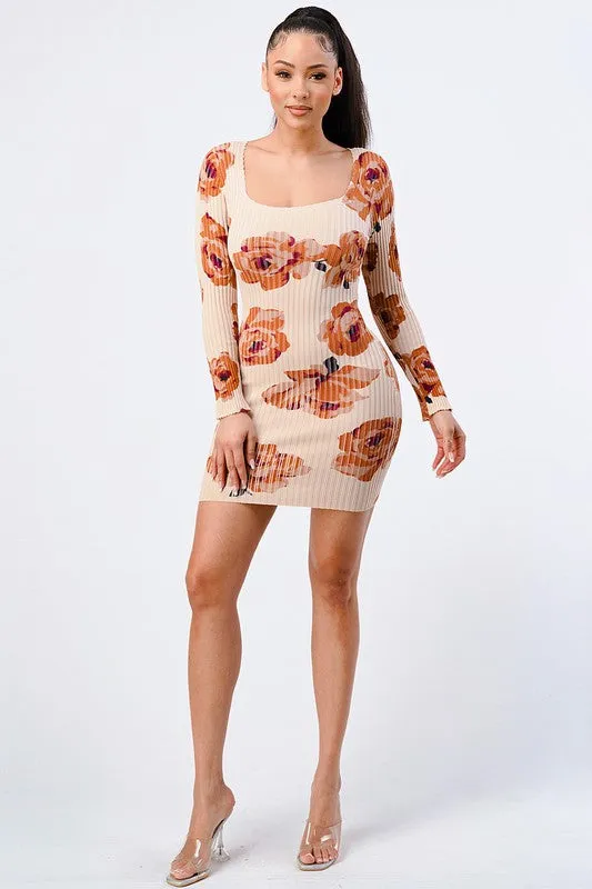 RIBBED KNIT FLORAL SQUARENECK BODYCON DRESS
