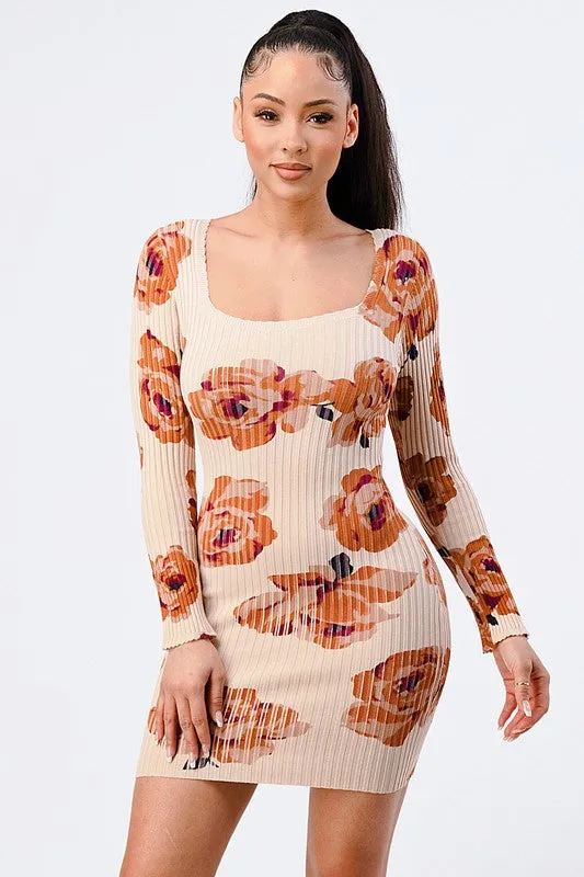 RIBBED KNIT FLORAL SQUARENECK BODYCON DRESS