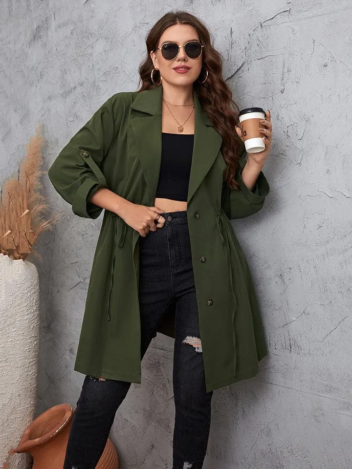 Roll-Tab Sleeve Green Plus Size Women's Trench Coat
