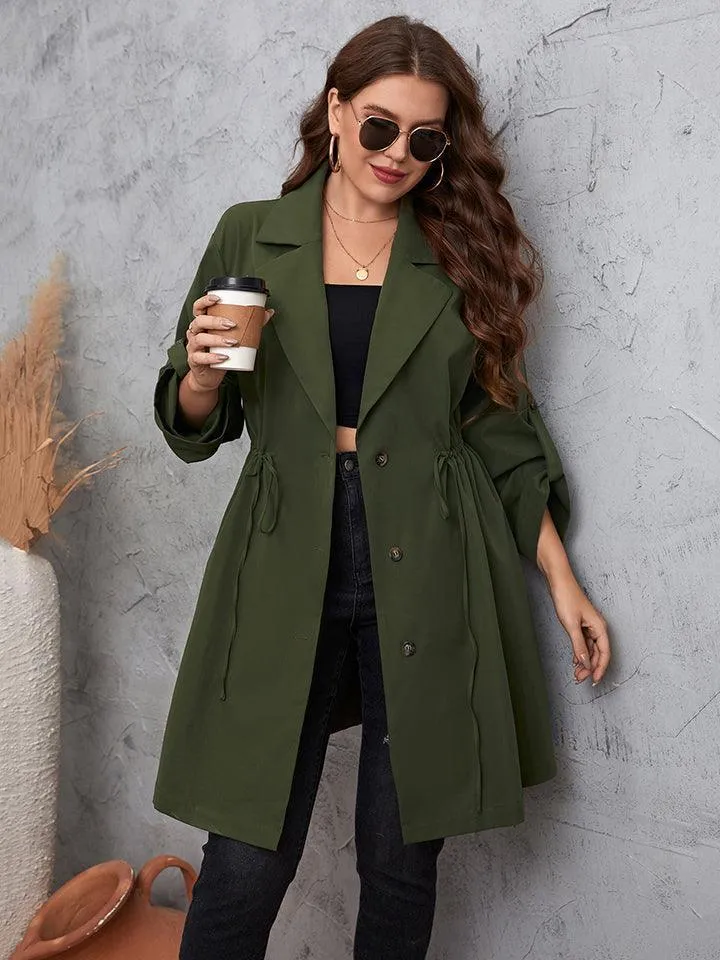 Roll-Tab Sleeve Green Plus Size Women's Trench Coat