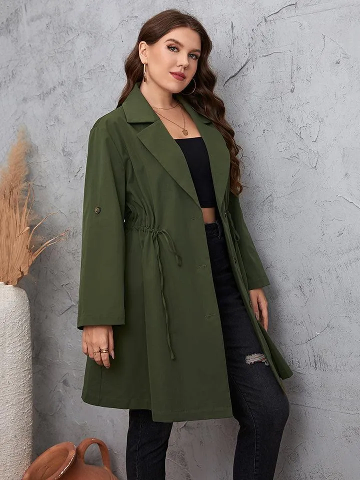 Roll-Tab Sleeve Green Plus Size Women's Trench Coat