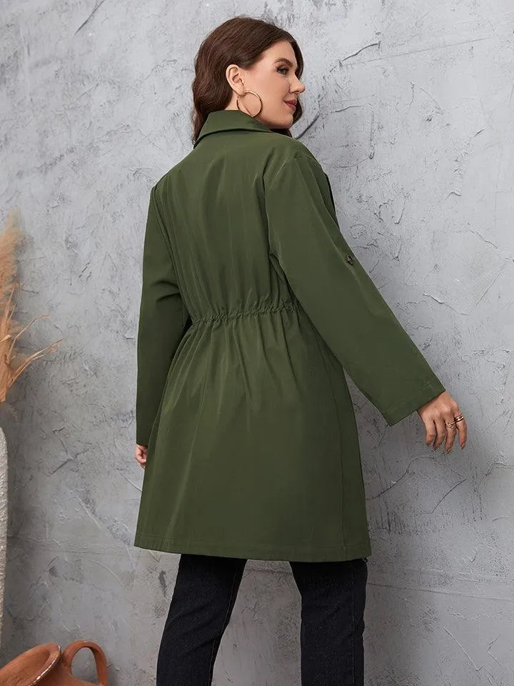 Roll-Tab Sleeve Green Plus Size Women's Trench Coat
